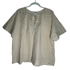 Melrose Market XL Tan Cream Striped Tie‎ Neck Cotton Blouse Boho Boxy Top 8409